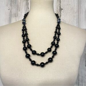 Esmor Black Glass Pearl Multifaceted AB Beads Silver Tone Necklace Earrings Set